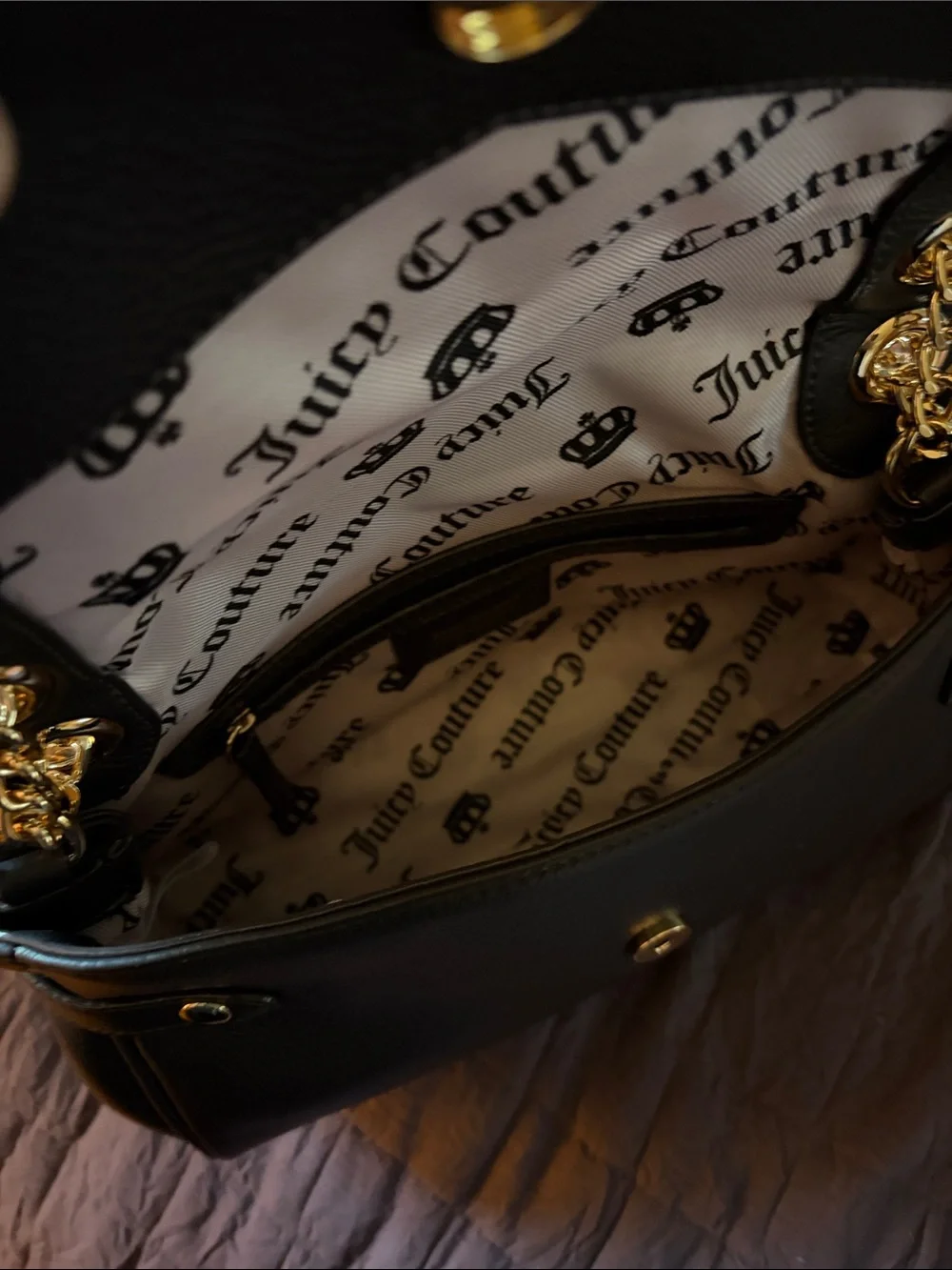 Juicy Couture Black Leather Shoulder Bag with Gold Chain & Pink Heart Charm